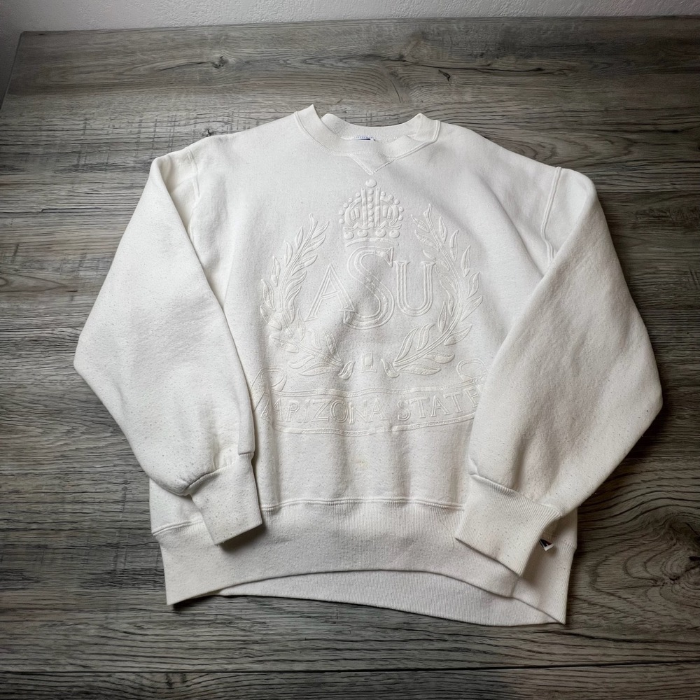 Russell Athletic‎ Sweatshirt Mens L White ASU Tonal Puff Print Vintage 90s USA